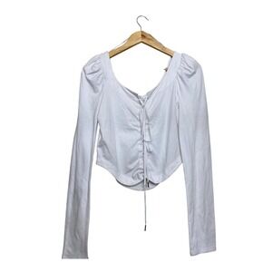 Free People White Lace Up Corset Long Sleeve Puff Shoulder Top Small